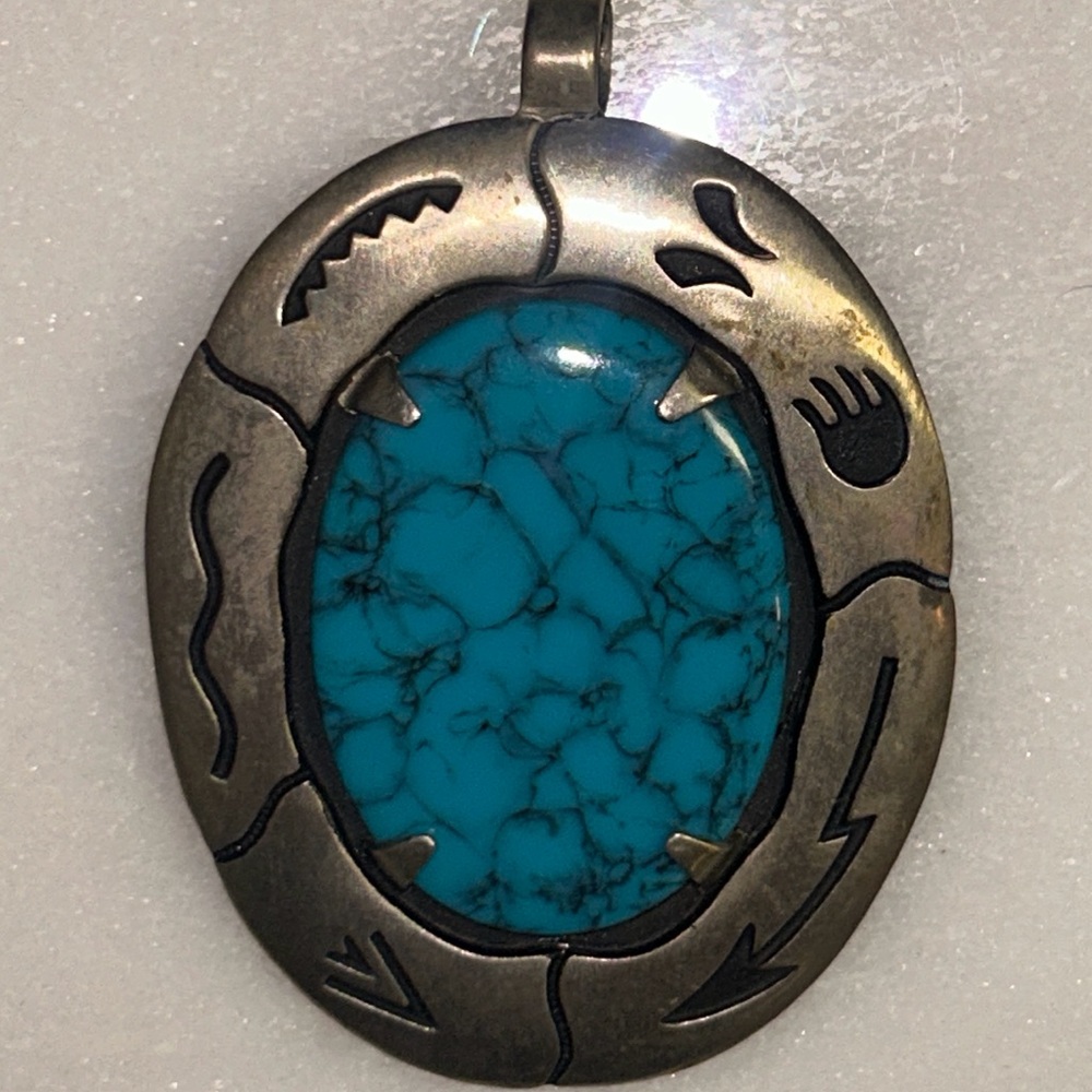 Vintage~ Bell Trading Post ~ Nickel Silver W/ Turquoise Stone Bear Claw ~Pendant - Picture 2 of 9